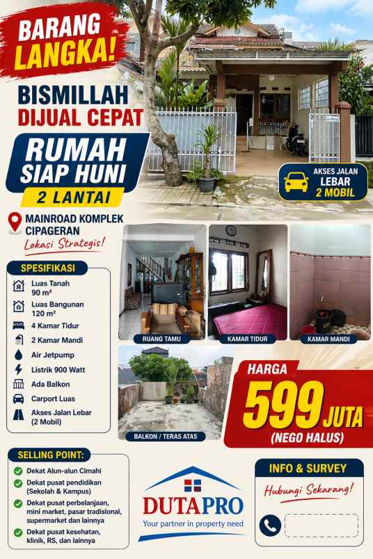 jual cepat rumah siap huni di cipageran 2 lantai