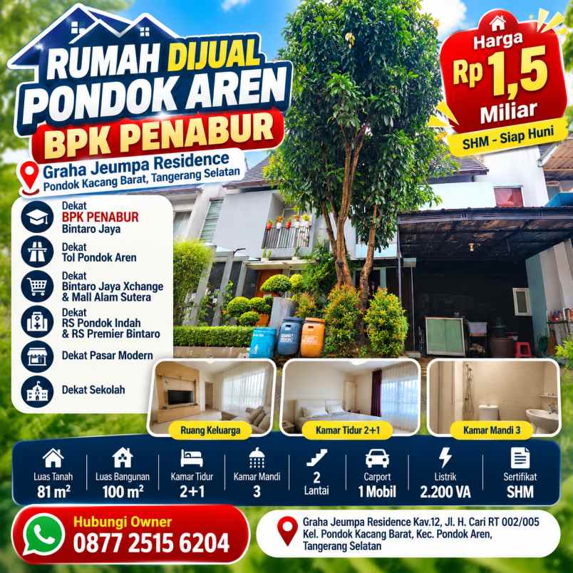 rumah dijual pondok aren bpk penabur shm lt 81 lb 100
