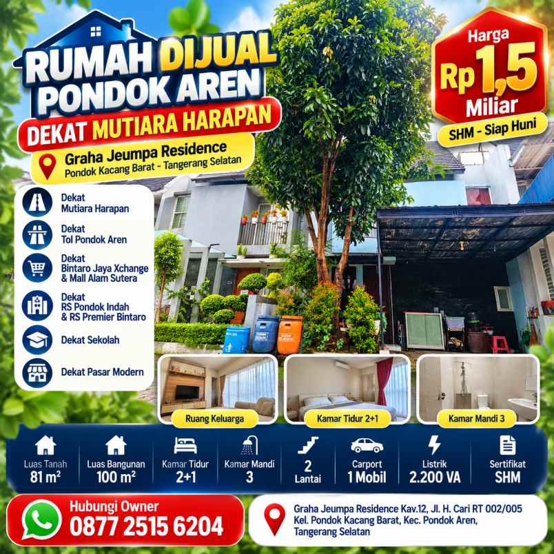 rumah dijual pondok aren dekat mutiara harapan lt 81m
