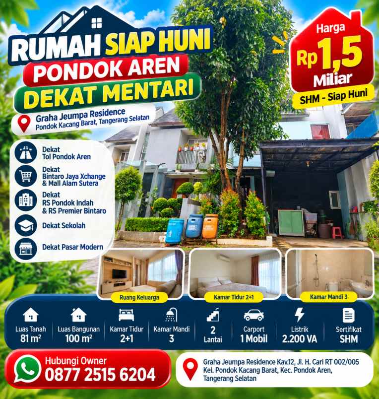 rumah siap huni pondok aren dekat mentari shm 2 lantai