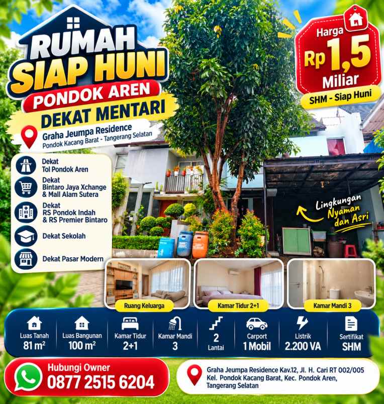 rumah siap huni pondok aren dekat mentari shm lt 81m