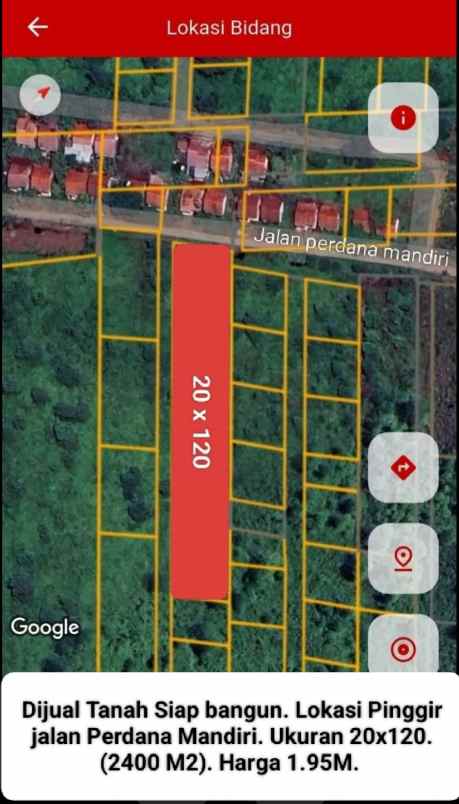 tanah pinggir jalan perdana mandiri 20x120
