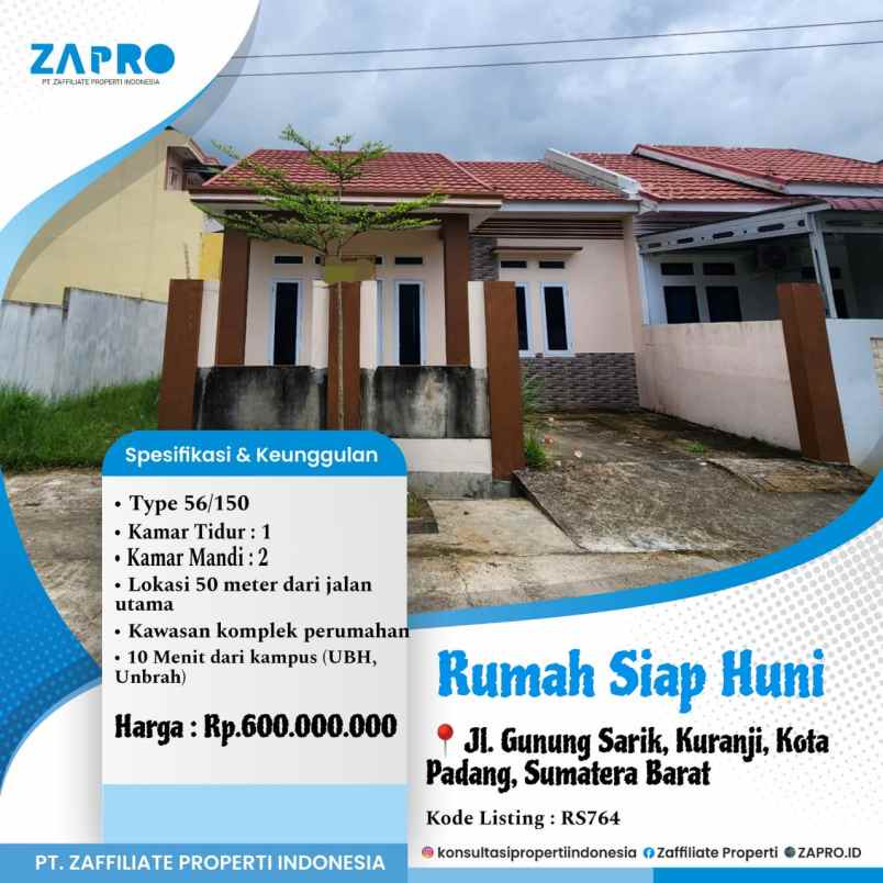 jual rumah siap huni di kuranji padang