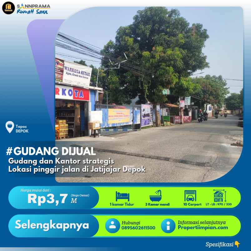 dijual ruko gudang kantor jl raya jatijajar tapos depok