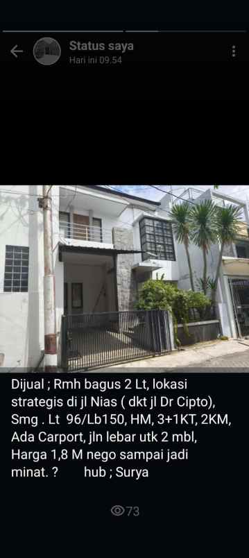 dijual rumah 2 lantai di jl nias semarang