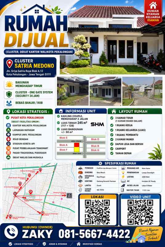 dijual rumah cluster satria medono jln