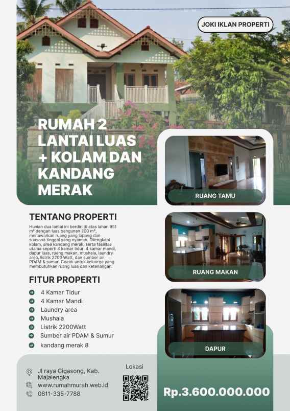 dijual cepat rumah 2 lantai 2 kolam dan kandang merak