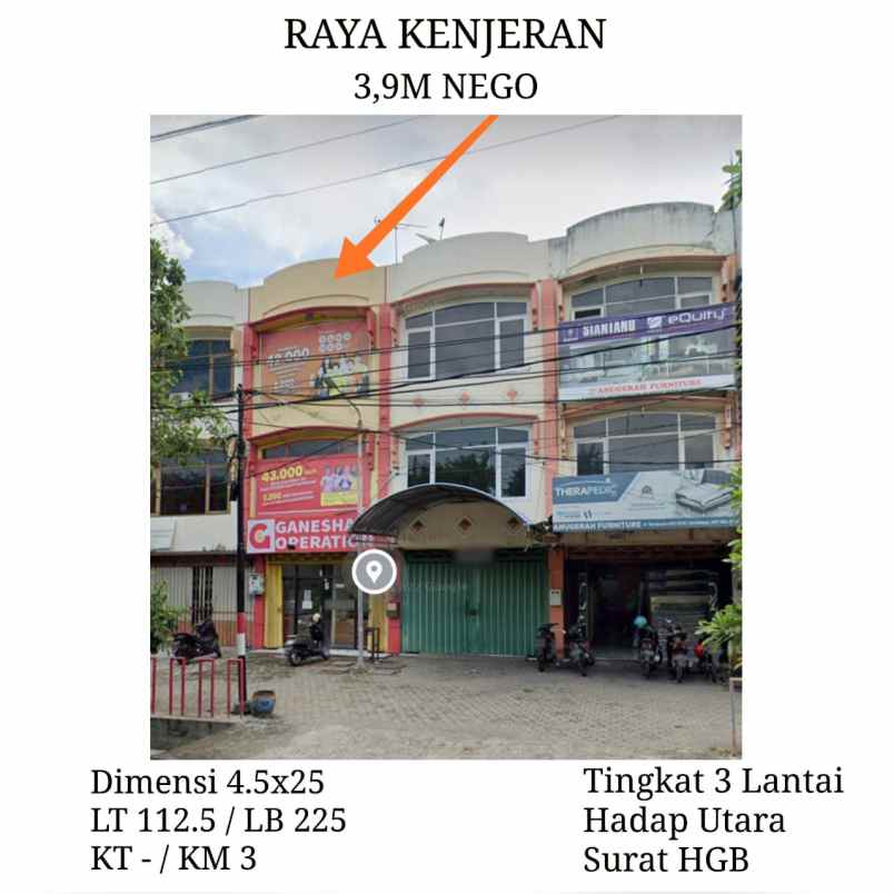 Dijual Ruko Raya Kenjeran Surabaya 39m Nego 3 Lantai Hadap Utara