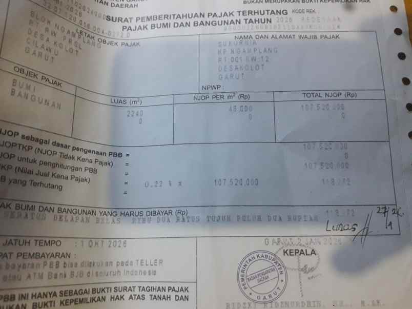 dijual tanah kp ngamplang desa kolot