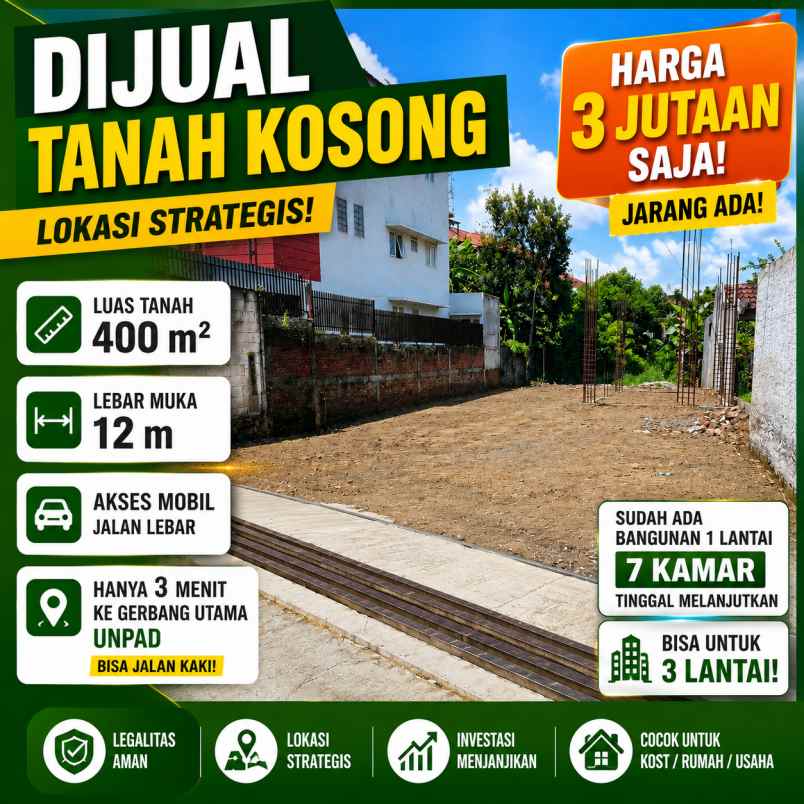 dijual tanah luas 420 m bangunan 7 kamar