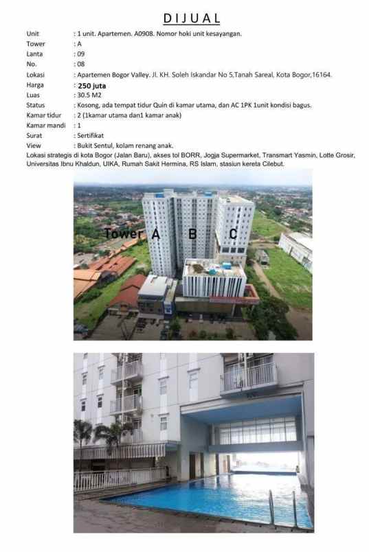 dijual apartemen bogor valley tanah sereal bogor