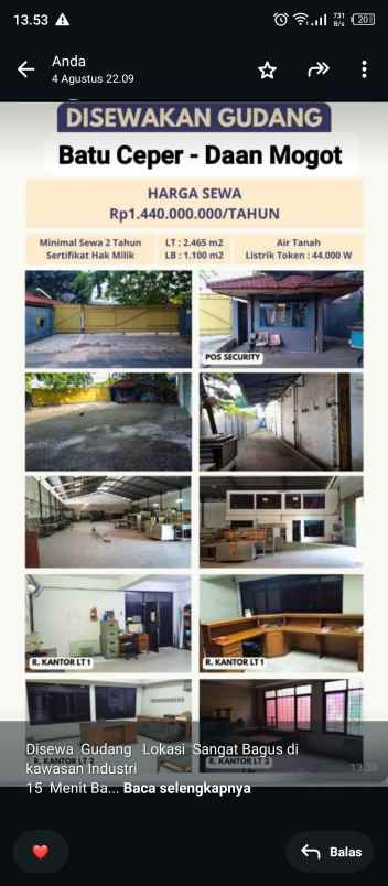 dijual gudang murah batu ceper daan mogot tangerang