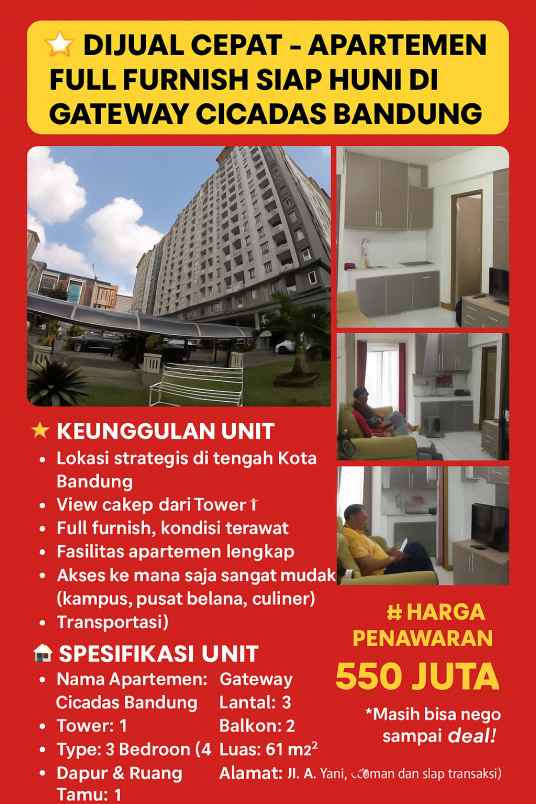 dijual apartemen jl a yani padusuka