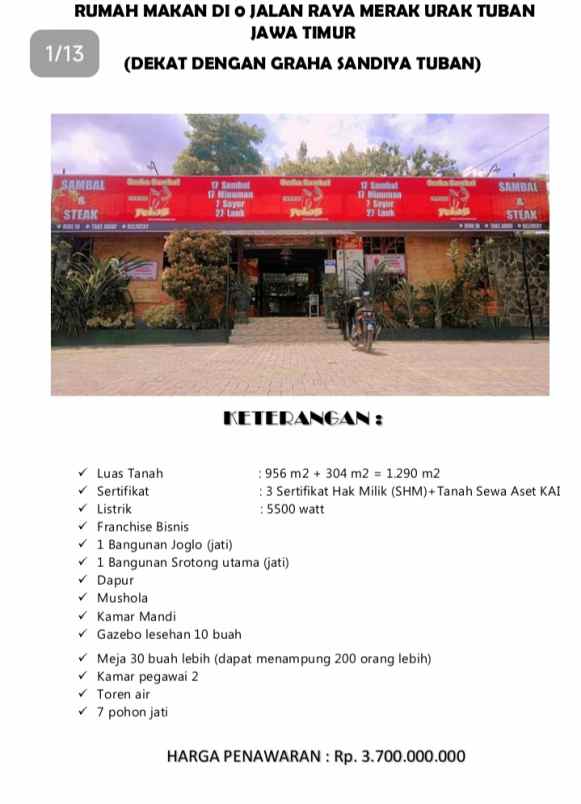 dijual disewakan tanah bangunan usaha ex serba sambal