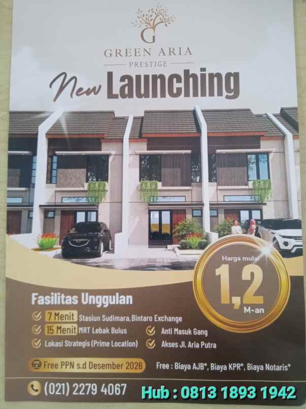 dijual new cluster green aria prestige ciputat