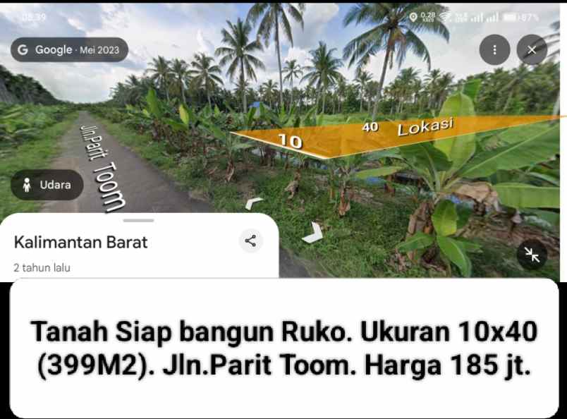 dijual tanah jalan parit toom