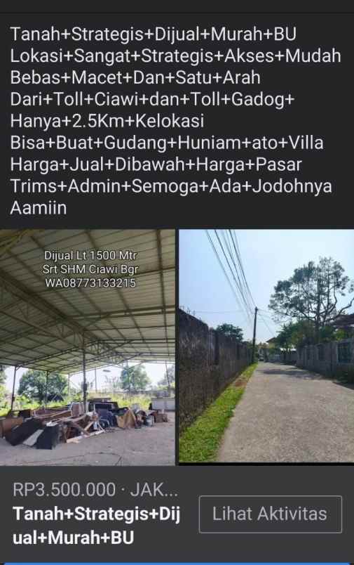tanah strategis dijual murah bu di bawah harga pasar