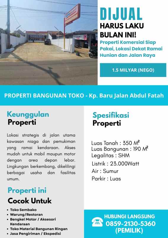 dijual ruko gudang kantor kp baru jl abdul fatah kel