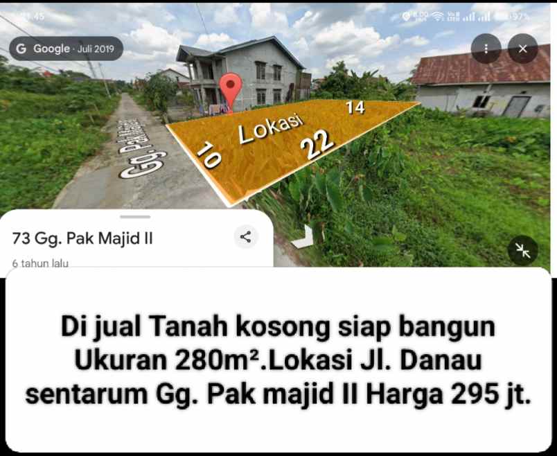 dijual tanah jalan danau sentarum gang