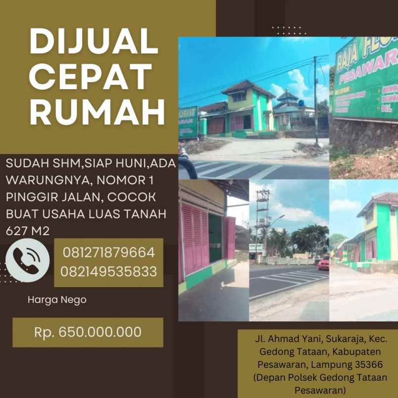 dijual rumah depan polsek gedong tataan