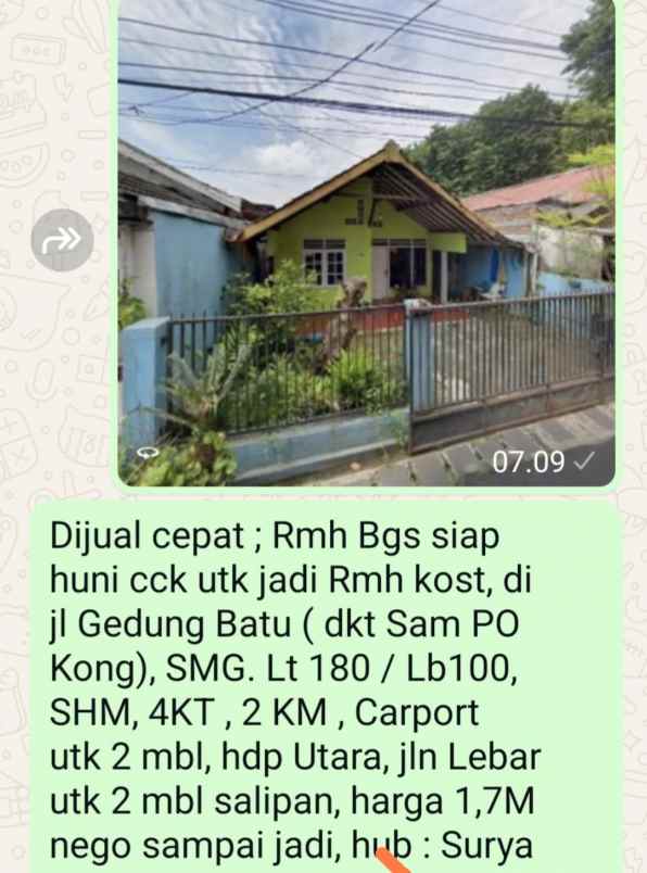 dijual rumah di jl gedung batu semarang