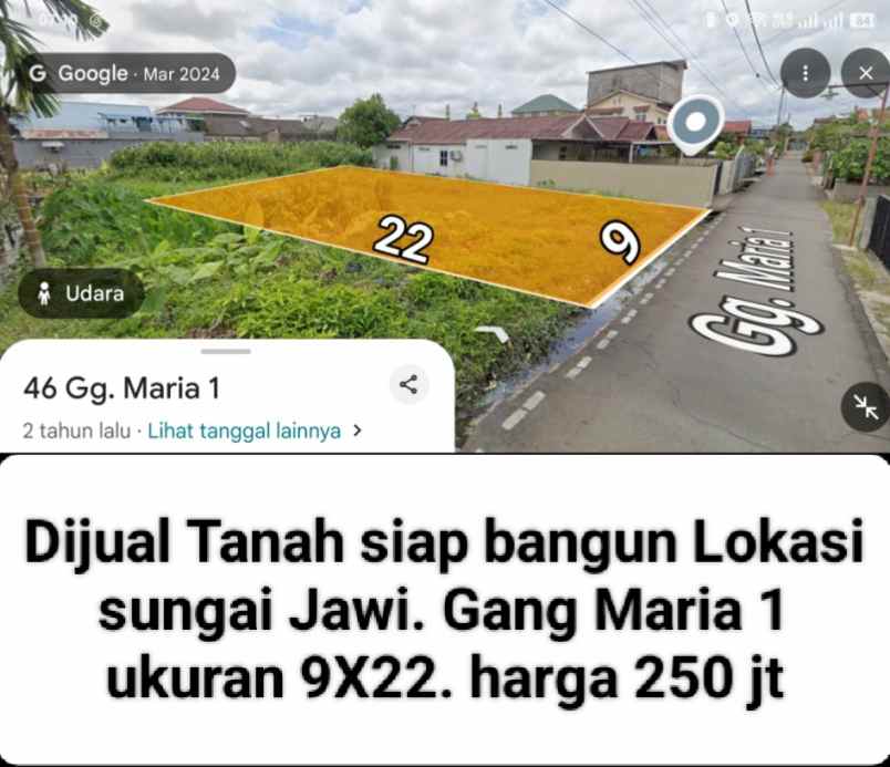 dijual tanah sungai jawi gang maria 1