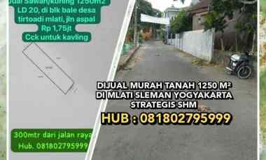 Dijual Murah Tanah 1250 M di Mlati Sleman Yogyakarta. Strategis Shm